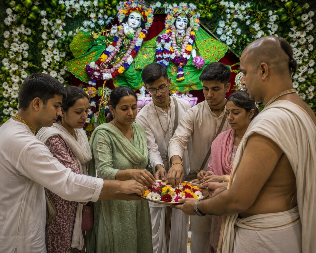 Devotees offering flowers in Archanna Seva